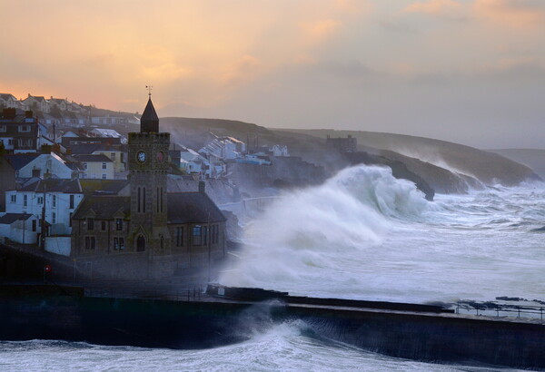Storm Eunice - Porthleven Clocktower Sunrise Picture Board by David Neighbour