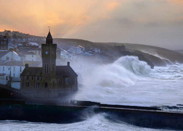 Storm Eunice - Porthleven Clocktower Colours Picture Board by David Neighbour