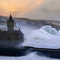 Buy canvas prints of Storm Eunice - Porthleven Clocktower Colours by David Neighbour
