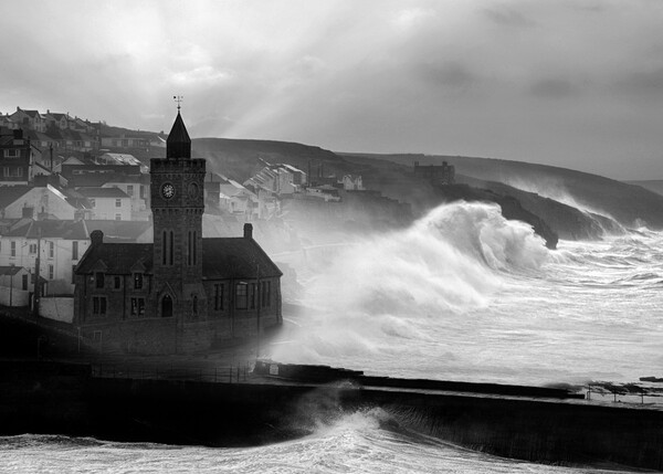 Storm Eunice - Porthleven Clocktower Sunrise B&W Picture Board by David Neighbour