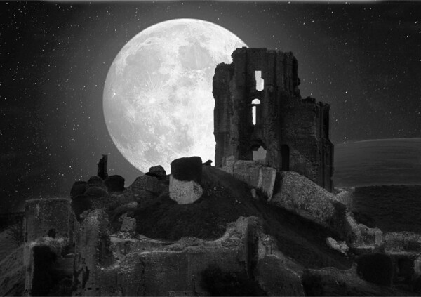 Corfe Moon - Black and White Picture Board by David Neighbour