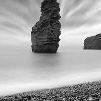 Buy canvas prints of Ladram Sea Stack - Black and White by David Neighbour