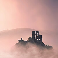 Buy canvas prints of Corfe Castle Pink Mists by David Neighbour