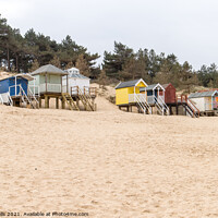 Buy canvas prints of Coloured beach huts on the sand dunes by Clive Wells