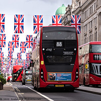 Buy canvas prints of Regent Street with bunting and buses by Clive Wells