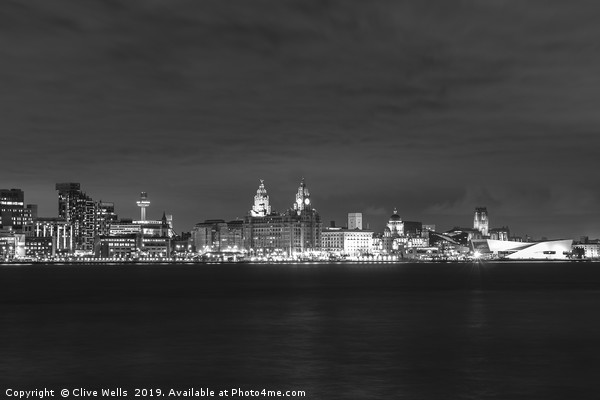 Night view of Liverpool waterfront in monochrome Picture Board by Clive Wells