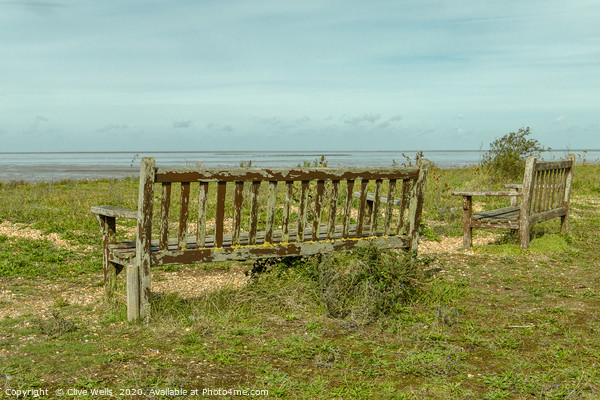 Wooden benches overlooking the Wash at Snettisham Picture Board by Clive Wells