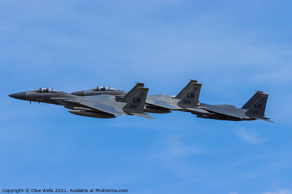 Three F-15`s overfly RAF Fairford Picture Board by Clive Wells