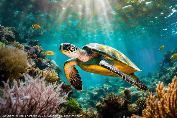 Single turtle glides effortlessly through a beauti Picture Board by Phill Thornton