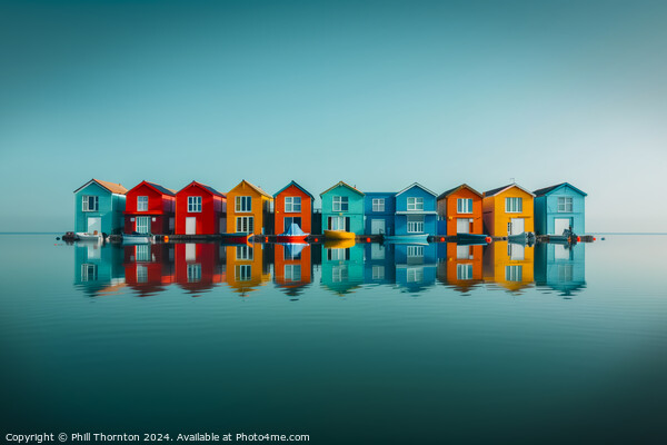 Tranquil seascape featuring a floating island of colourful houses Picture Board by Phill Thornton