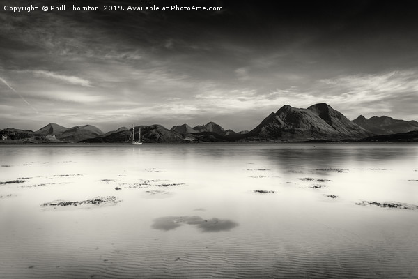 A very still Sound of Raasay and mountains B&W Picture Board by Phill Thornton