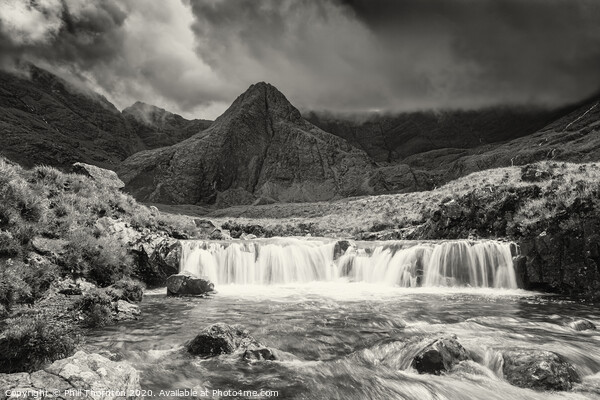 Clam before the storm, Fairy Pools. B&W Picture Board by Phill Thornton