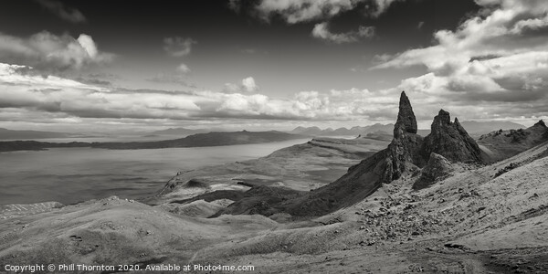 Panoramic view of the Old Man of Storr. B&W. Framed Print by Phill Thornton