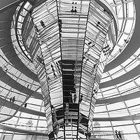 Buy canvas prints of Berlin's Reichstag Dome in black and white by Katy Davison