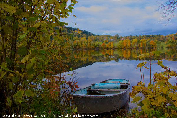 Boat on Semsvannet Lake Picture Board by Carmen Goulden