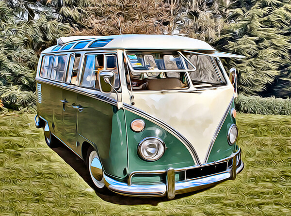 Vintage Camper Van in a Lush Green Landscape Picture Board by Kevin Maughan