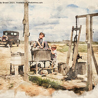 Buy canvas prints of Children playing around old water pump in 1941 USA by Philip Brown