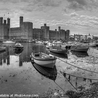 Buy canvas prints of Caernarfon Castle and Harbour - B&W Panorama by Philip Brown