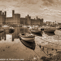 Buy canvas prints of Caernarfon Castle and Harbour - Sepia Panorama by Philip Brown