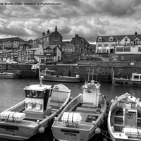 Buy canvas prints of Seahouses Harbour and Boats, Northumberland, B&W by Philip Brown