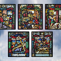 Buy canvas prints of Late 16th Century Stained Glass Panels against Sky by Philip Brown