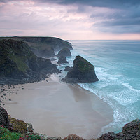 Buy canvas prints of Misty Sunset at Bedruthan Steps by Kate Whiston