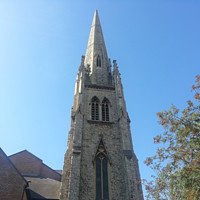 Buy canvas prints of Lewisham Tall Church Spire Building Blue Sky Print by Cherise Man