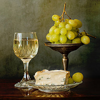 Buy canvas prints of A glass of white wine, soft cheese and grapes by Luisa Vallon Fumi