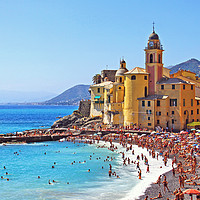Buy canvas prints of Camogli, the old church and the free beach by Luisa Vallon Fumi