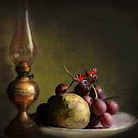 Buy canvas prints of Vintage still life, butterfly & fruits by Luisa Vallon Fumi