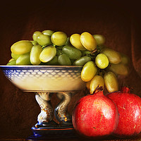 Buy canvas prints of Chiaroscuro still life, étagère with autumnal grap by Luisa Vallon Fumi