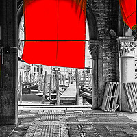 Buy canvas prints of Venice,  Rialto fish market with red curtains by Luisa Vallon Fumi