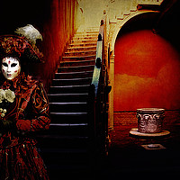 Buy canvas prints of Venice carnival, Venetian mask with fan in front a by Luisa Vallon Fumi