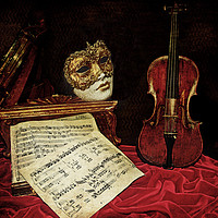 Buy canvas prints of Venice in still life: Venetian mask, violin and mu by Luisa Vallon Fumi