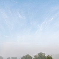 Buy canvas prints of Whimsical foggy pasture and surprising blue sky by Claire Smith