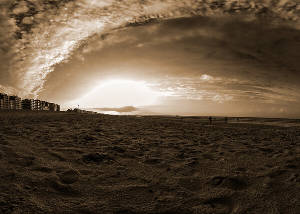 autmunal sunset on beach in sepia Picture Board by youri Mahieu