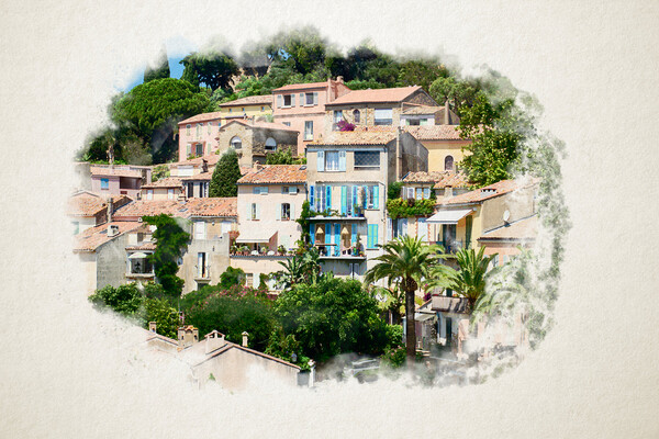 view on Bormes-les-Mimosas in watercolor Picture Board by youri Mahieu