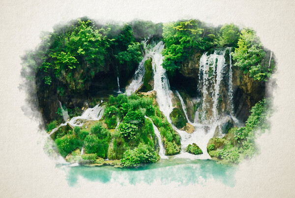 Watercolor of waterfall in the forest Picture Board by youri Mahieu