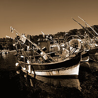 Buy canvas prints of Seascape of Niel Moored Boats in sepia by youri Mahieu
