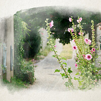 Buy canvas prints of small alley with hollyhock in watercolor by youri Mahieu