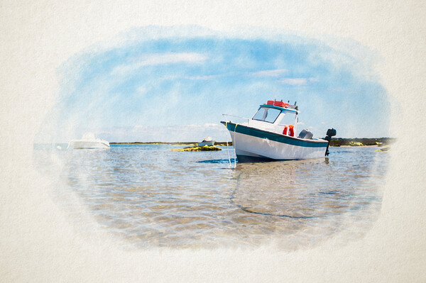 White boat on sand in watercolor Picture Board by youri Mahieu