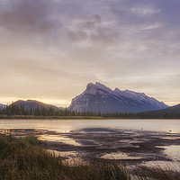 Buy canvas prints of Vermilion lakes sunrise, Banff national park, Albe by JIA HE