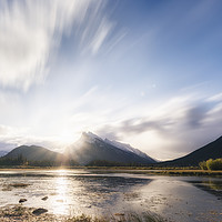 Buy canvas prints of Vermilion lakes sunrise, Banff national park, Albe by JIA HE