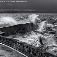 Buy canvas prints of Huge waves break over Burghead pier during sea storm on the Moray Firth. by Tom McPherson