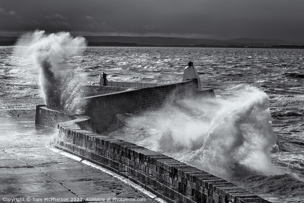 Black and white image of powerful Sea storm at Burghead Picture Board by Tom McPherson
