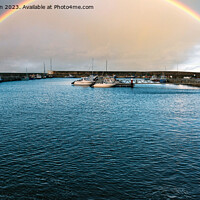Buy canvas prints of Rainbow over Hopeman Harbour by Tom McPherson