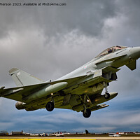 Buy canvas prints of Typhoon FGR.Mk 4A fighter jet flying through the air on a cloudy day by Tom McPherson