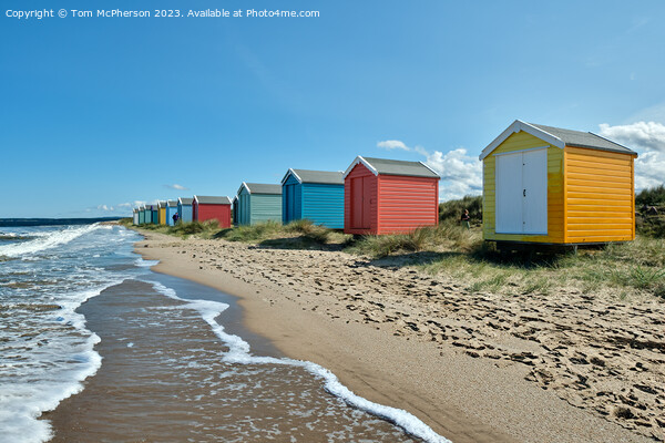 Multi-Coloured Huts on Findhorn Beach Picture Board by Tom McPherson