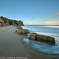Buy canvas prints of Lossiemouth lighthouse, with Covesea caves and beach below by Tom McPherson