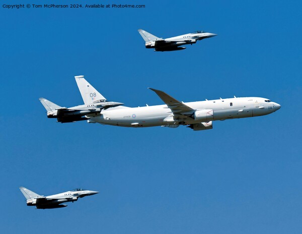 Poseidon MRA1 flanked by three Typhoon FGR.Mk 4  Eurofighters Picture Board by Tom McPherson